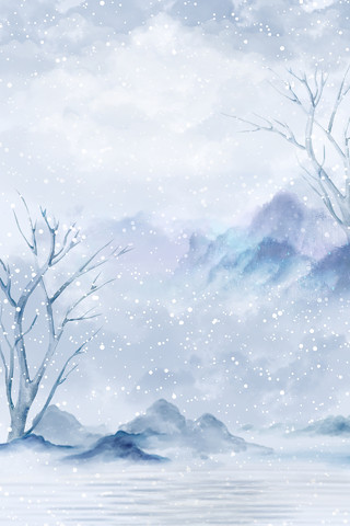 白色蓝色古风手绘雪花枯树高山白云河流海报背景霜降背景
